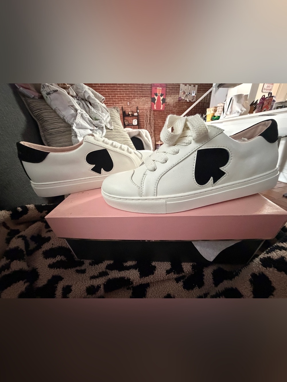 kate spade White Leather Sneakers with Black Heart Motif - Picture 2 of 9
